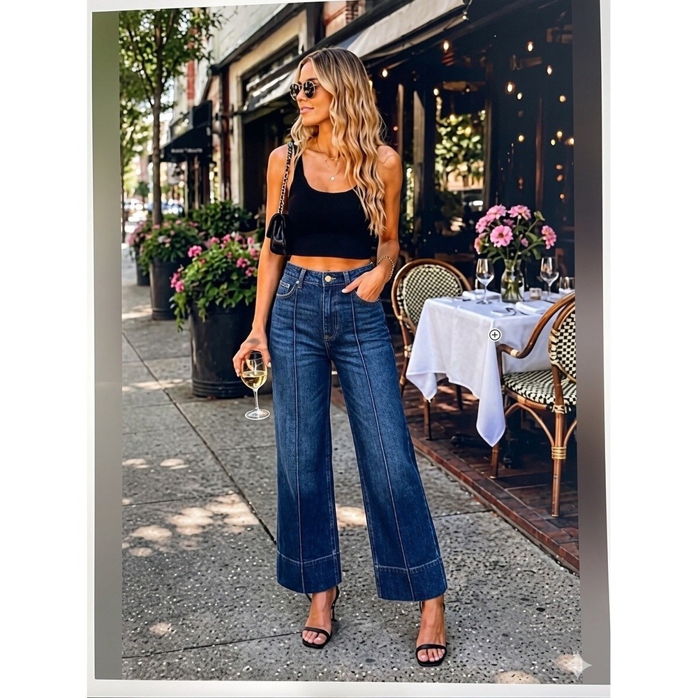 Zara Womens Pintuck Denim Wide Leg Jeans Size S Dark Blue Stretch